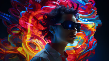 3d illustration of a beautiful woman in sunglasses on an abstract backgroundの素材