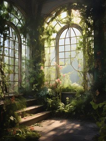 Beautiful garden with old window and plants. 3D Renderingの素材