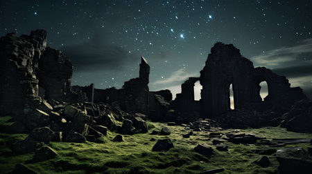 Ruins of ancient castle at night with starry sky and starsの素材