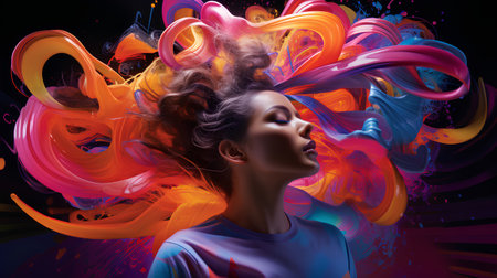 Portrait of a beautiful young woman with afro hairstyle and abstract colorful background.の素材
