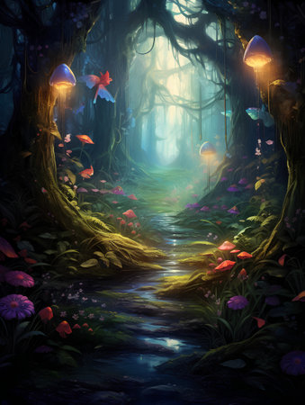 Mystical dark forest with magic mushrooms and fireflies. 3d renderの素材