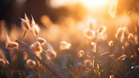 Grass flower meadow at sunset. Nature background. Soft focus.の素材