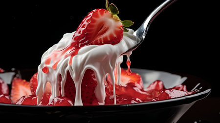 Strawberry dessert in a glass bowl on a black background.の素材