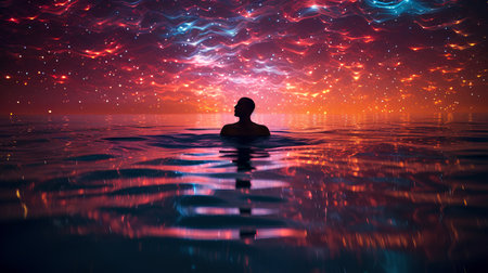 3d illustration of a woman swimming in the ocean with a glowing backgroundの素材