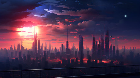 Futuristic city with skyscrapers at sunset. Vector illustration.の素材