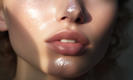 Close-up portrait of a beautiful female lips with water drops.の素材