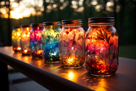 Candles in glass jars on the background of the setting sun.の素材