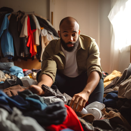 Handsome african american man choosing clothes in wardrobe at homeの素材