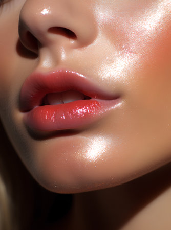 Close-up portrait of a beautiful young woman with red lipstick on her lipsの素材