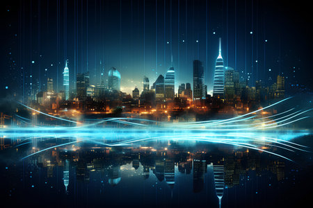 abstract night city background with lights and high tech buildings, vector illustrationの素材