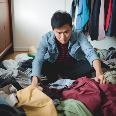 Young Asian man choosing clothes in the wardrobe at home. Shopping concept.の素材