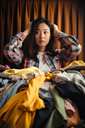 Portrait of a beautiful young asian woman in checkered shirt with pile of clothes.の素材