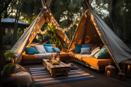 Tent with cushions and pillows on the terrace.の素材