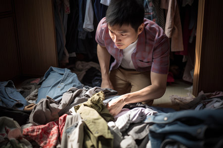 Asian young man looking at pile of dirty clothes in the room.の素材