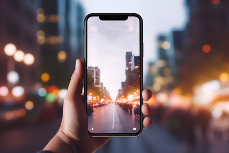 Man hand holding smartphone with cityscape and road in the background.の素材