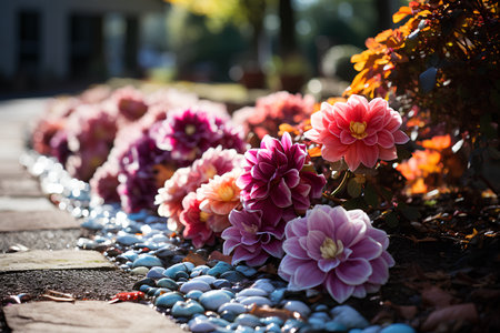 Colorful dahlia flowers in the garden. Floral backgroundの素材