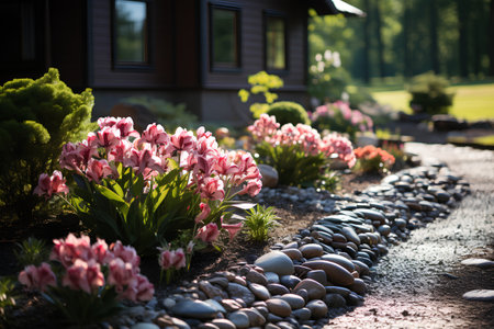 beautiful spring garden with tulips and pebbles at sunsetの素材