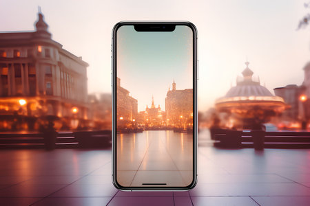 Smartphone with abstract city background. Communication concept. 3D Renderingの素材