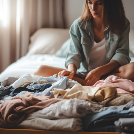 Young beautiful woman is sitting on the bed with a lot of clothes.の素材