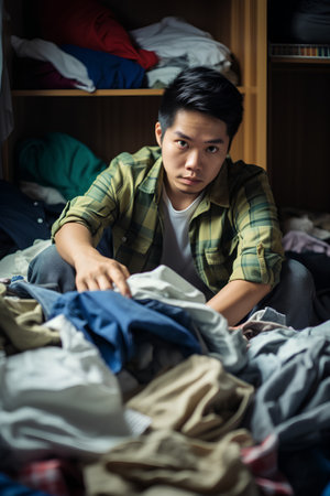 young asian man looking at camera while sitting on the floor in messy roomの素材