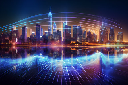 Shanghai skyline at night with glowing lights and digital connection linesの素材