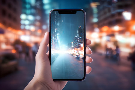 Hand holding smartphone with night city background, Technology and communication concept.の素材