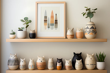 3d illustration of modern scandinavian interior design with wooden shelf, plants and photo frame.の素材