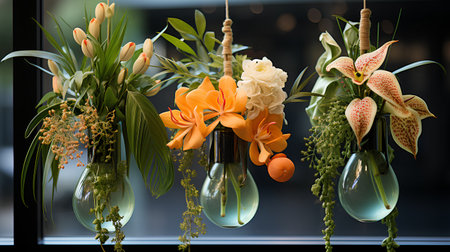 Beautiful flowers in glass vases on the background of the windowの素材