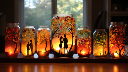 Decorative glass bottles with floral ornament inside. 3D rendering.の素材