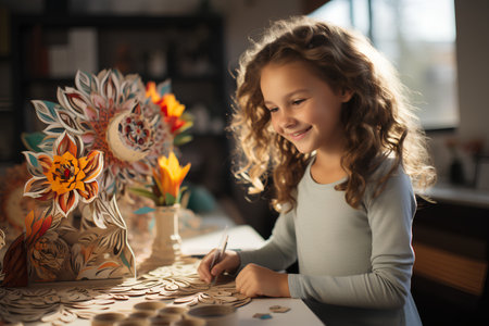 Cute little girl painting a flower at home. Happy child drawing a flower.の素材