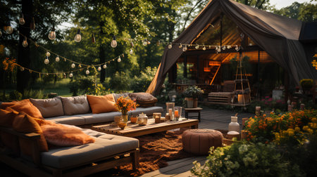 Wooden terrace in the garden with a sofa, a table and a tentの素材