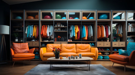 Interior of modern living room with orange armchair, sofa and wardrobe. 3d renderの素材