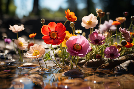 Colorful flowers in a pond with water reflection. Nature background.の素材