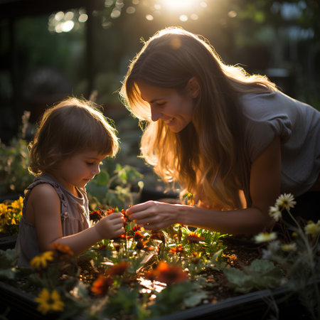 Mother and daughter planting flowers in the garden at sunset. Concept of happy family.の素材
