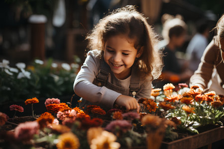 Little girl with flowers in the garden. Gardening and planting concept.の素材