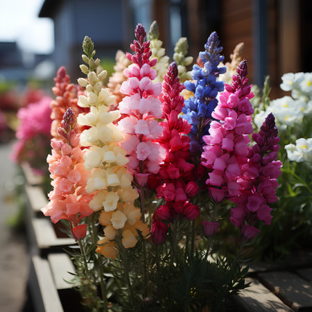Colorful lupine flowers in a pot at a flower shopの素材
