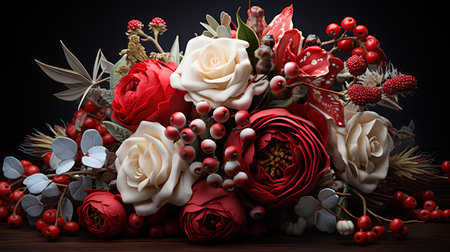 Beautiful bouquet of red and white flowers with berries on a black backgroundの素材