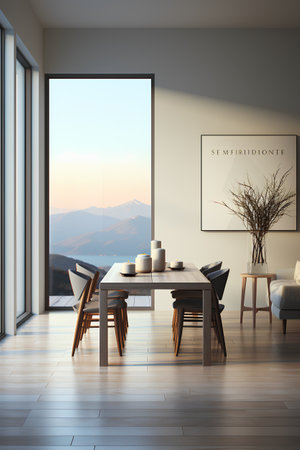 Interior of modern dining room with mountain view. 3d renderの素材