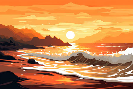 Seascape with waves and sunset. Vector illustration in cartoon styleの素材