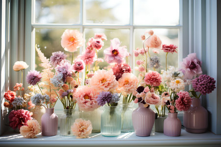 Bouquet of dahlias in vases on the windowsillの素材