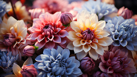 Colorful dahlia flowers as floral background, closeup viewの素材