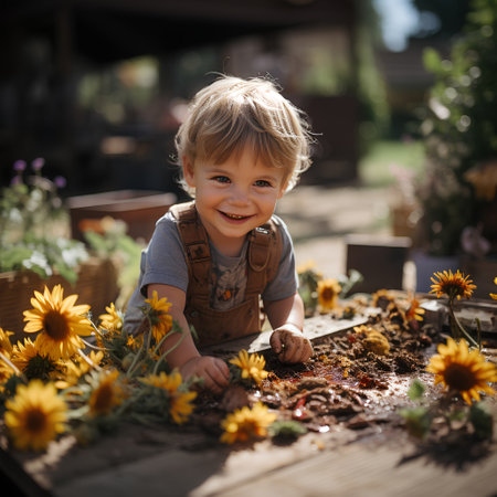 Cute little boy playing in the garden with sunflowers.の素材
