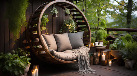 Comfortable chair with pillows in the garden. 3d renderingの素材