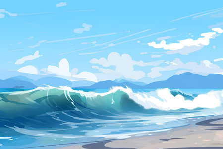 Beautiful seascape with waves and blue sky. Vector illustration.の素材