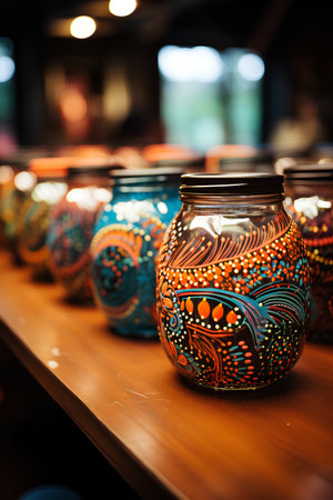 Colorful ceramic pots on a wooden shelf in a shop window.の素材