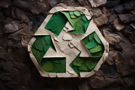 Recycling symbol made of crumpled paper on stone backgroundの素材