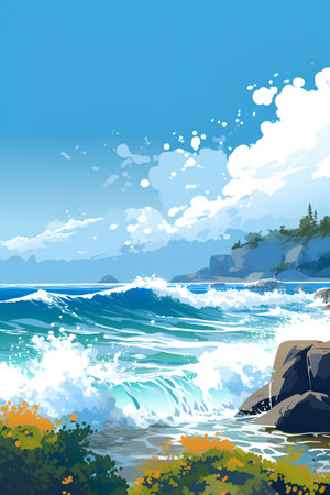 Beautiful seascape with waves and rocks. Vector illustration.の素材
