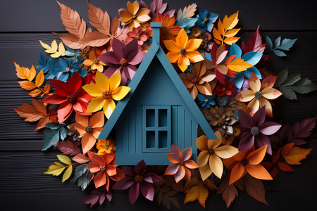 Autumn background with colorful leaves and house. Vector paper illustration.の素材