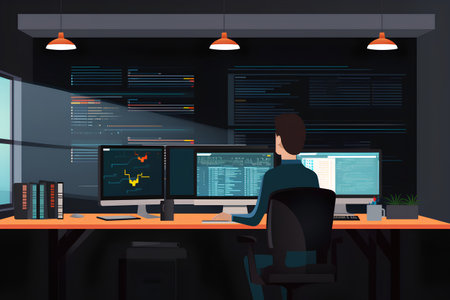 Programmer working on the computer in the office. Vector flat design illustration.の素材