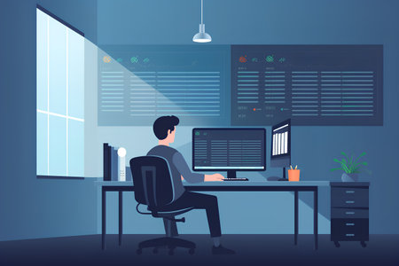 Man working on computer in office. Vector illustration in flat style.の素材